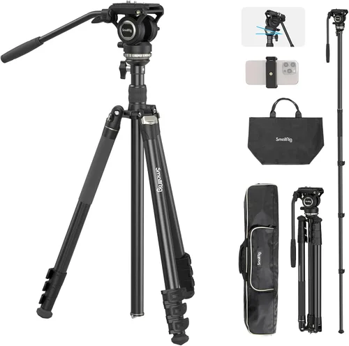 Vista 11 de SmallRig CT180 Trípode de Video, Trípode de Cámara de 72" Monopie con Cabezal Fluido, Trípode de Cámara de Aluminio, Cabezal Fluido Panorámico