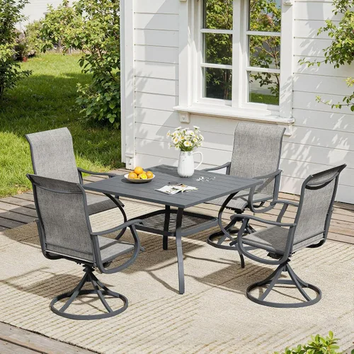Vista 34 de VICLLAX Muebles pequeños de exterior de 3 piezas, 2 sillas giratorias de patio y mesa redonda pequeña para 2, sillas de carbón oscuro y negro