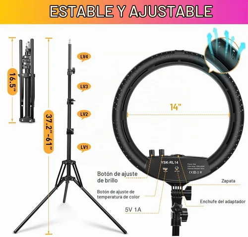 Vista 2 de Anillo de luz con soporte de trípode, kit de anillo de luz LED de 14 pulgadas Yesker con soporte para teléfono, temperatura de color ajustable