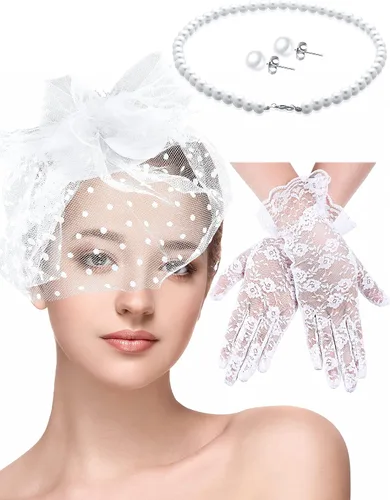Vista 8 de Honoson Juego de 4 Sombreros Fascinadores para Mujer, Accesorio de Tocado para Fiesta de Té, Velo, Guante de Encaje, Juego de Perlas, Boda Negro
