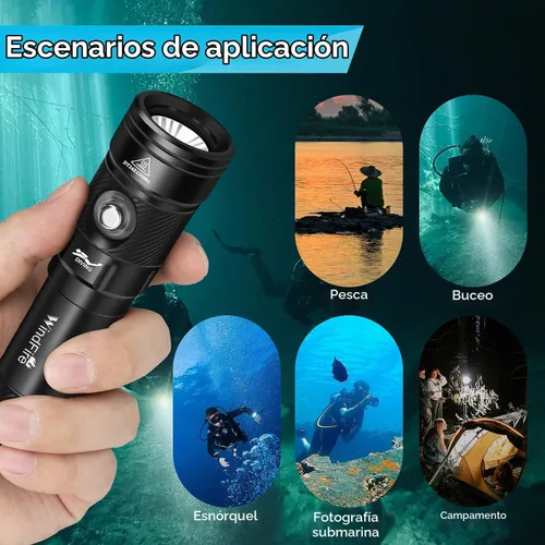 Vista 6 de Linterna de buceo WindFire, linterna impermeable para buceo 262 pies bajo el agua, linterna recargable para snorkel con 4 modos y indicador