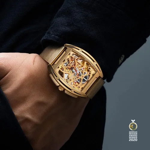 Vista 8 de CIGA Design Reloj de pulsera mecánico de acero inoxidable dorado con correa de silicona de zafiro con una correa de acero inoxidable