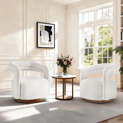 Vista 5 de Silla giratoria decorativa, silla de barril tapizada con diseño de respaldo abierto, silla moderna con base de madera para sala de estar Crema