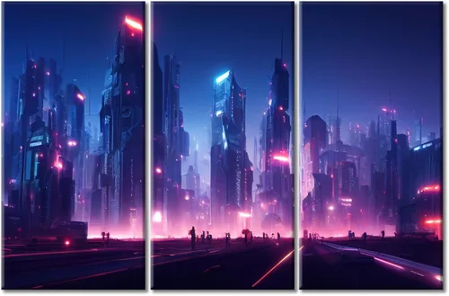 Vista 12 de Arte de pared de 3 piezas de escena de ciencia ficción de la calle comercial futurista paisaje urbano, decoración de pared para dormitorio