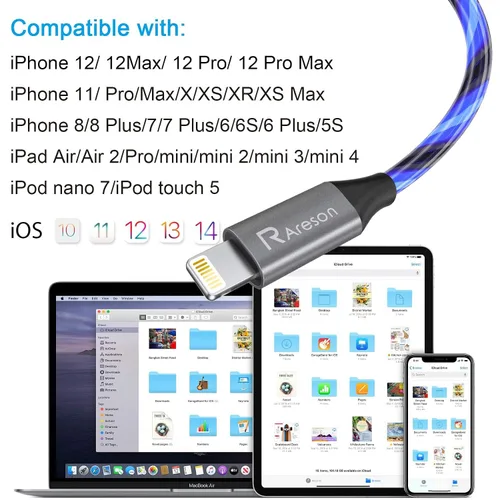 Vista 6 de Cable cargador de iPhone con luz LED, cables Lightning LED paquete de 1 Certificado MFi de Apple Cable de carga rápida USB para Apple iPhone 13