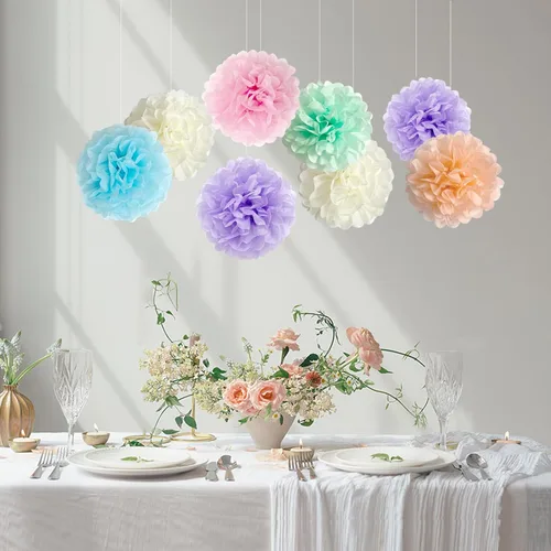 Vista 4 de ANSOMO Pompones de papel de seda pastel, decoraciones de fiesta, helado de arcoíris, flores de macarrón, para colgar en la pared, suministros