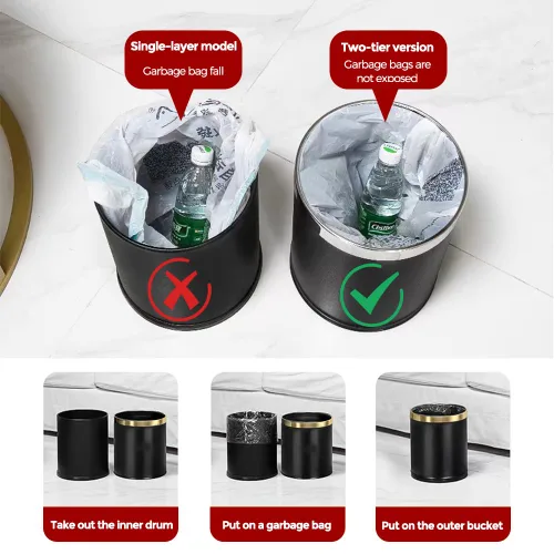 Vista 5 de 14L/3.7GAL Papelera negra y dorada, papelera de oficina con tapa abierta, papelera de metal, papelera dorada sin tapa para oficina, hotel, tienda