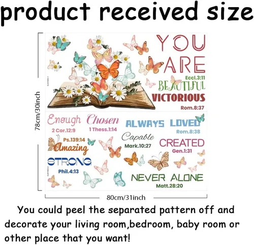 Vista 2 de SUPERDANT Calcomanías de pared con texto bíblico, diseño de mariposas, libro de mariposas, calcomanías de pared con texto en inglés "You are