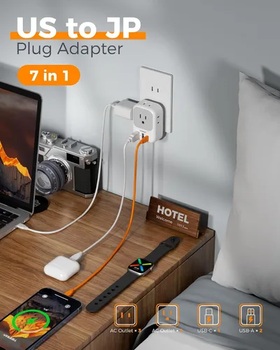 Vista 3 de TESSAN - Adaptador de enchufe de EE. UU. a Japón PD 20W, adaptador de 2 clavijas a 3 clavijas