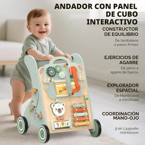 Vista 7 de WOODMAM Andador de madera para bebé, Andador de bebé ajustable para empujar para niños de 1 año, Andador Montessori 10 en 1 para niños y niñas