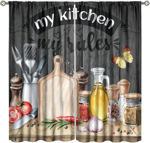 Vista 8 de Cortinas de cocina estilo retro, 2 paneles con bolsillo para cortinero, decoración de dormitorio, cocina, cafetería, 42 pulgadas de ancho x 45