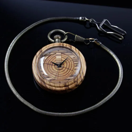 Vista 5 de Tiong Relojes de bolsillo de madera para hombre, hecho a mano, de madera de bambú, analógico, de cuarzo, con cadena, regalo para el día del padre