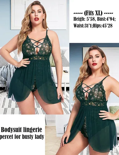 Vista 3 de Avidlove Conjunto de ropa de dormir de malla para lencería de talla grande color verde oscuro Verde oscuro