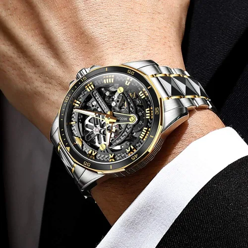 Vista 3 de OLEVS Luxury Automatic Self-Wind Watches for Men, Large Face Tungsten Steel Men's Mechanical Watch with Two Tone Band, 50M Waterproof, Sapphire