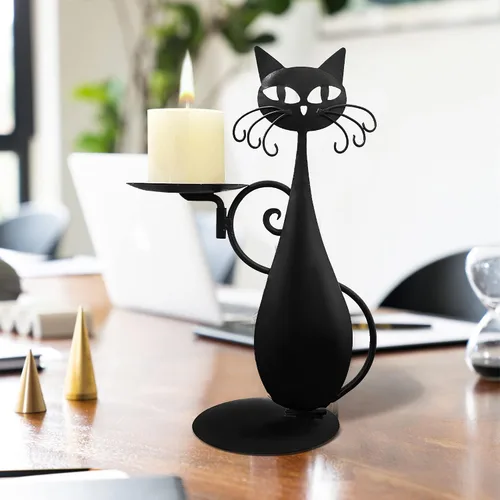 Vista 4 de Portavelas de gato negro para velas de pilar sin llama, velas LED retro rústicas estilo granja para el hogar, decoración de gato de metal