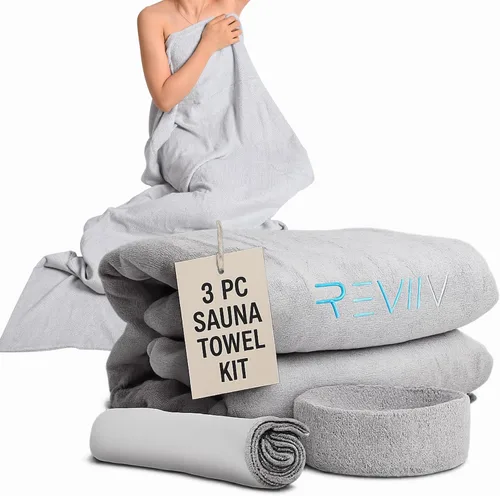 Vista 10 de Manta de inserción para sauna REVIIV - Juego de 2 toallas suaves de algodón negro a cuadros - Cómodas y fáciles sesiones en casa, limpieza mínima