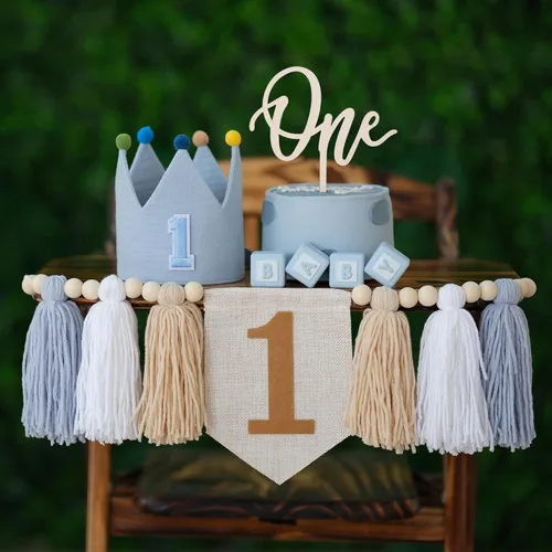 Vista 10 de Cartel para decoración de primer cumpleaños con texto en inglés Verde Azul Amarillo