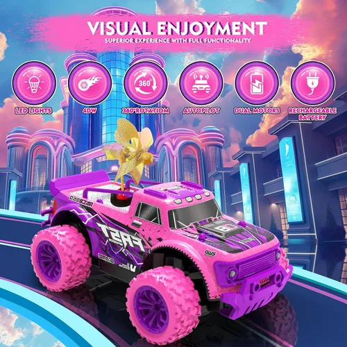 Vista 2 de Coche de Control Remoto para Niñas: Camión RC Rosa Púrpura a Escala 1:20 con Luz LED y Molinos de Viento DIY - Camiones RC Todo Terreno de 20 Km/h