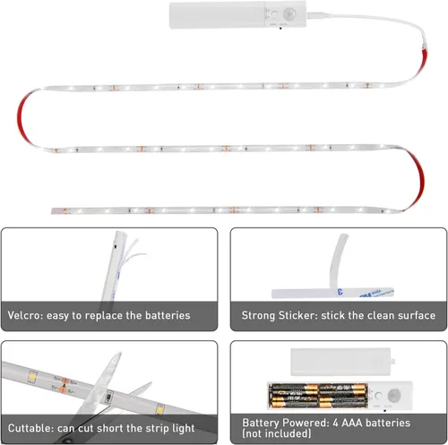 Vista 3 de LUXJET Luces de sensor para interiores, paquete de 2 tiras de luces LED que funcionan con pilas, 3.3 ft, tira LED blanca fría de 6000 K