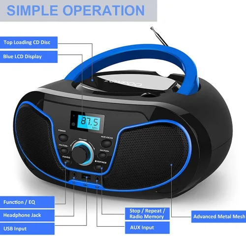 Vista 3 de Reproductor de CD Boombox, LP-D02 portátil Bluetooth FM Radio Sistema de sonido estéreo con sonido cristalino, reproducción de MP3, entrada USB