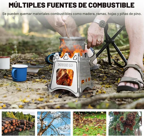 Vista 6 de Estufa de leña portátil para camping, de acero inoxidable, ligera, de arranque rápido, con bolsa de transporte para cocinar al aire libre