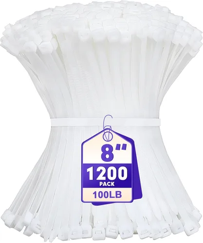Vista 8 de Bridas para Cables, RAZCC 1200 piezas Bridas para Cables de 8 Pulgadas, Bridas de Alambre de Plástico Blanco Resistentes con Resistencia a