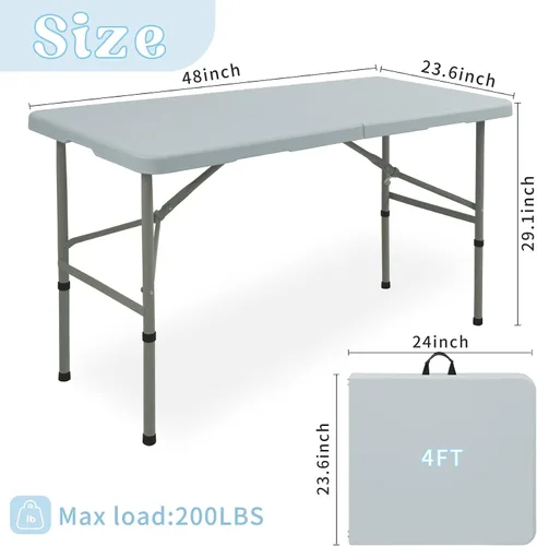 Vista 2 de Juego de 2 mesas plegables de 4 pies, mesa de camping portátil de plástico resistente, rectangular, mesa de comedor al aire libre, patas de acero