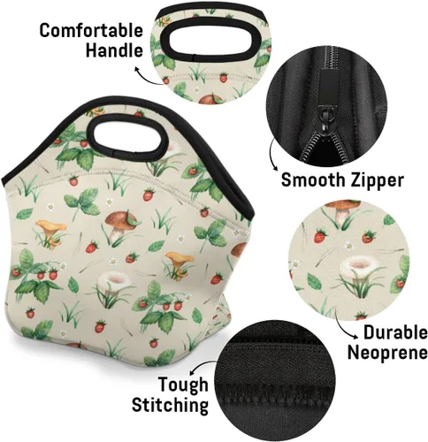 Vista 6 de Bolsa de almuerzo con aislamiento de hongos y fresas, bolsa de almuerzo reutilizable para hombres y adultos, lonchera de neopreno para trabajo