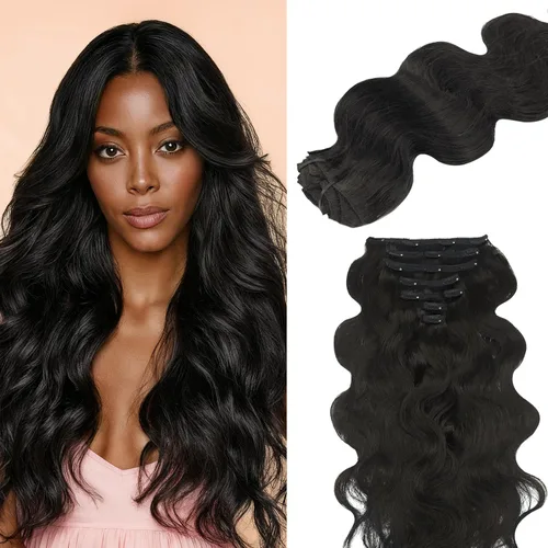 Vista 43 de Lashey Extensiones de cabello humano con clip, sin costuras, #1, color negro azabache, extensiones de cabello humano real, extensiones de cabello
