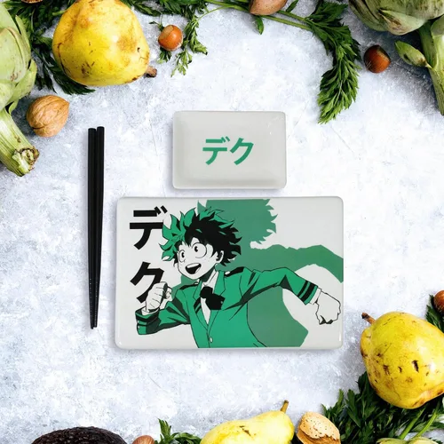 Vista 3 de Stunned Mind My Hero Academia Deku - Juego de platos de sushi, plato de salsa de soja y palillos