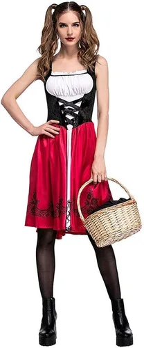 Vista 3 de OBEEII Adult Ladies Little Red Riding Hood with Hooded Cape Carnival Halloween Cosplay Fancy Dress