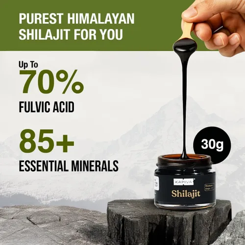 Vista 3 de Kapiva Resina de Shilajit 100% Pura del Himalaya (30gm), Alta Potencia para Hombres y Mujeres 120 Porciones de 250mg Más de 80 Oligoelementos