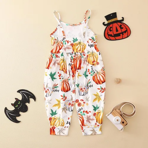 Vista 3 de Mameluco sin mangas para Halloween para niños y niñas pequeñas, lindo traje de harén con gráficos de calabaza, con bolsillos, 1-6 años