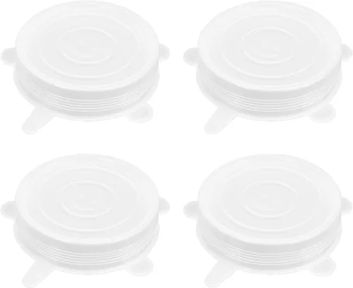 Vista 14 de Paquete de 4 tapas elásticas de silicona reutilizables de 4.5 pulgadas, fundas de silicona para almacenamiento de alimentos, tapas elásticas