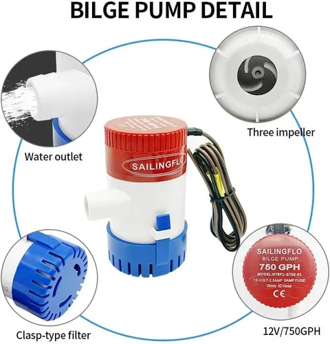 Vista 4 de Bombas de sentina de 12 V para barcos, bomba de agua de sentina automática, accesorios sumergibles para barcos, marina eléctrica de 1100 GPH