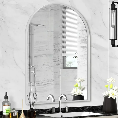Vista 44 de Espejo arqueado negro de 16" x 20", espejo de pared para baño con arco, espejo de tocador de baño con marco de metal y parte superior arqueada