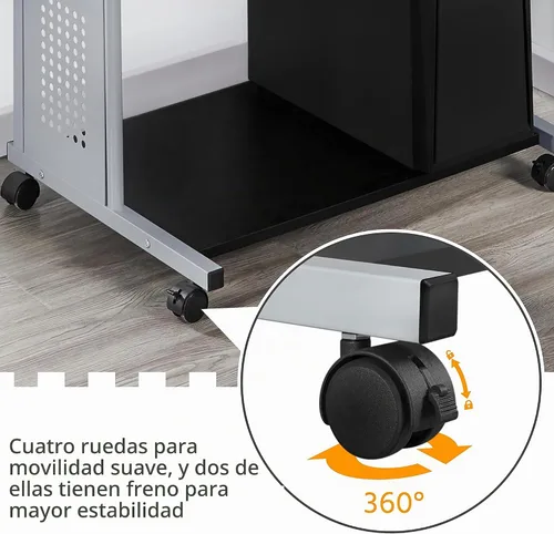 Vista 6 de Yaheetech Escritorio de computadora móvil de 2 niveles con estante para impresora y bandeja para teclado, mesa de computadora rodante para espacios