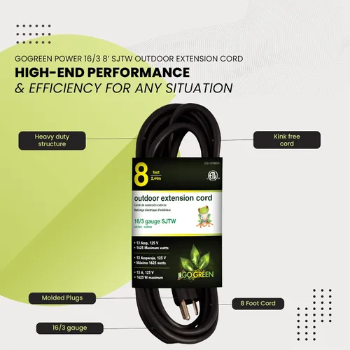Vista 4 de Go Green Power Inc. (GG-13708BK) - Cable de extensión 16/3 SJTW para exteriores; color negro, 8 pies