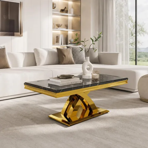 Vista 7 de AUZ Mesa auxiliar negra y dorada de 48 pulgadas, mesa central rectangular de lujo con base de metal pulido en forma de X para sala de estar, oficina