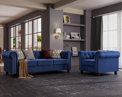 Vista 31 de Morden Fort - Juego de sillas y sofá Chesterfield clásico, con reposabrazos acolchados y patas de madera maciza, sofá cama para mascotas, cómodo