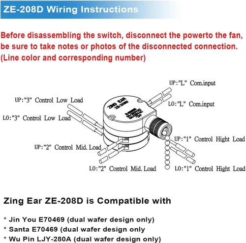 Vista 4 de Interruptor de ventilador de techo Zing Ear ZE-208D Control de 3 velocidades 5-8 cables Interruptor de cadena de tracción Accesorios Accesorios