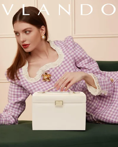 Vista 2 de Vlando Joyero organizador para niñas y mujeres, caja de almacenamiento de joyería barroca grande con espejo, cajones para pulseras, aretes, anillos