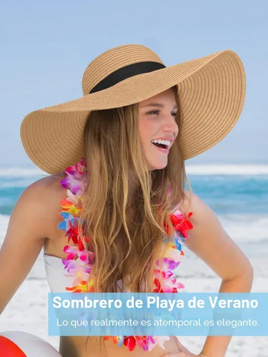 Vista 6 de Sombreros de sol flexibles para mujer, sombrero de playa de paja de ala Caqui