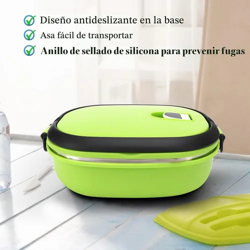 Vista 5 de Lonchera con aislamiento de acero inoxidable, contenedor de alimentos para picnic al aire libre, cuadrado verde, doble capa (1 nivel)