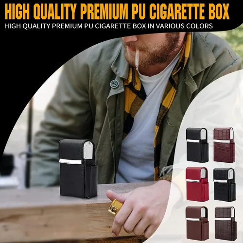 Vista 5 de Caja de cigarrillos deslizante de piel sintética con soporte para encendedor y trabilla para cinturón para hombres y mujeres, unisex