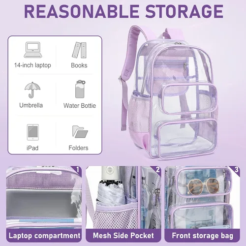 Vista 183 de CAMTOP Mochila transparente resistente y transparente para estudiantes, escuela, trabajo, festival, viajes, deportes, Beige, Mediana, Camtop Mochila