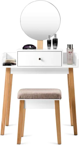 Vista 9 de GIANTEX - Juego de mesa de tocador con espejo redondo de altura ajustable, tocador con espejo de maquillaje con taburete acolchado, almacenamiento