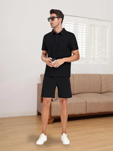 Vista 4 de WIGUREN Conjunto de camisa polo y pantalones cortos para hombre, conjunto de 2 piezas, de verano, casual, de punto gofre, de manga corta, para hombre