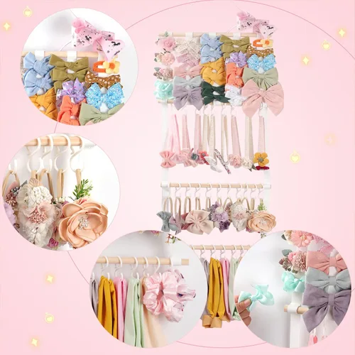 Vista 5 de POVETIRE Organizador de lazos para el pelo con soporte para diadema para niñas, organizador de almacenamiento para diademas y accesorios para bebé