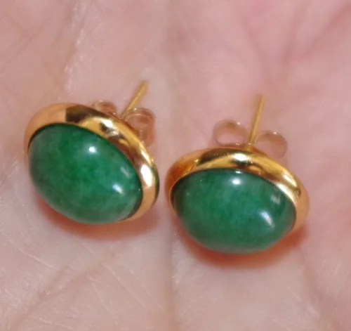 Vista 3 de CHINESE GREEN JADE ROUND DOME 12MM VINTAGE GENUINE 14K GF STUD EARRINGS
